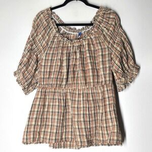 Old Navy Plaid Peasant Blouse XL Tall Off Shoulder Cottagecore Womens Top
